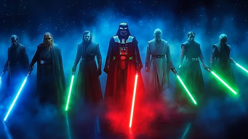 Cinematic lineup of cloaked warriors with glowing plasma blades