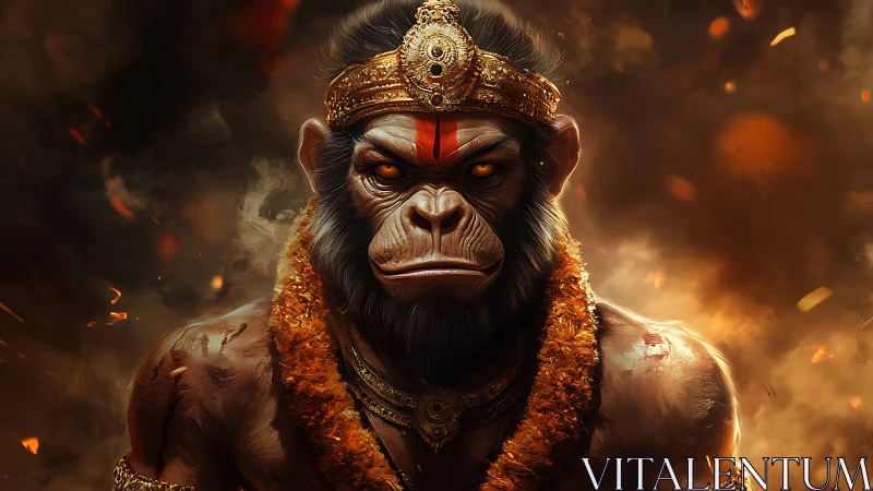 Mythic warrior monkey deity glares through blazing embers