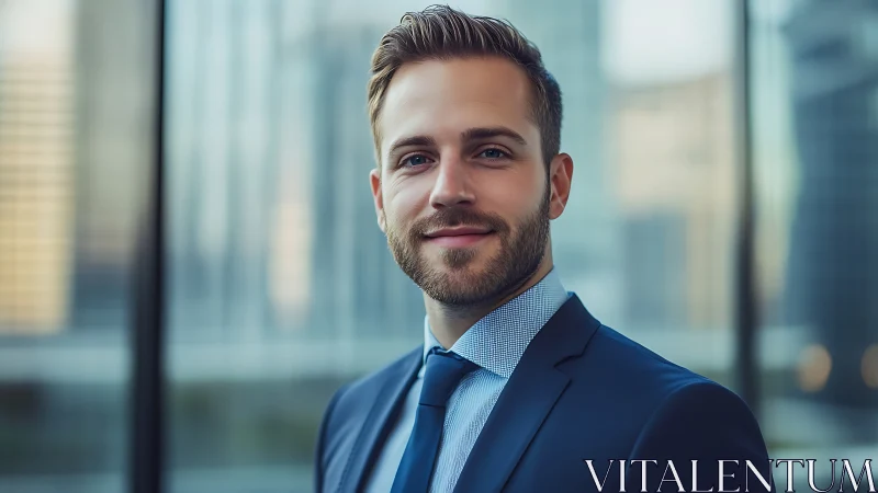 Corporate portrait with shallow depth, glass-façade skyline backdrop.