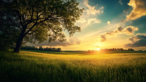Sunset illuminates green field beneath large foreground tree