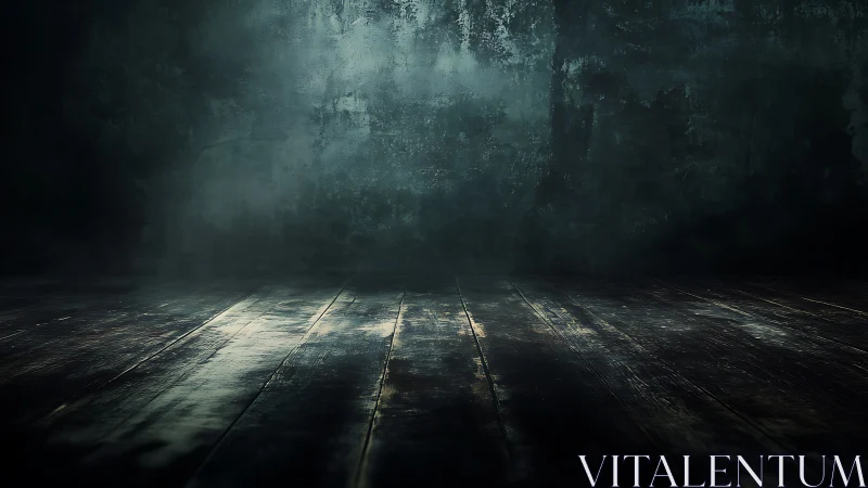 Cinematic grunge interior with distressed timber floor plane.