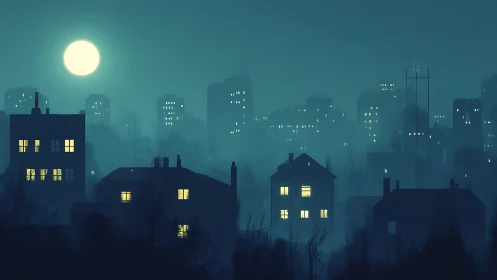 Nocturnal urban skyline rendered in foggy cyan gradients