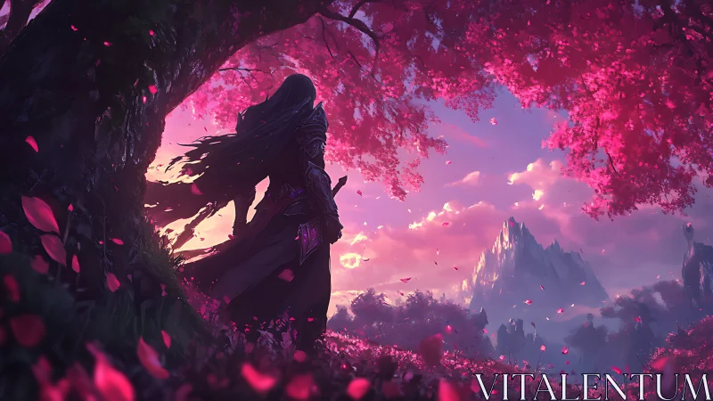 Dark wanderer surveys luminous pink valley at dusk