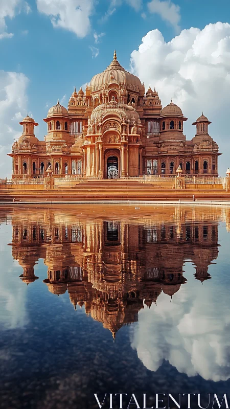 Majestic sandstone temple mirrored on tranquil waters.