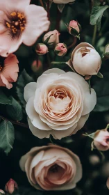 Layered Garden Blooms: Cream Roses and Pink Buds in Botanical Arrangement