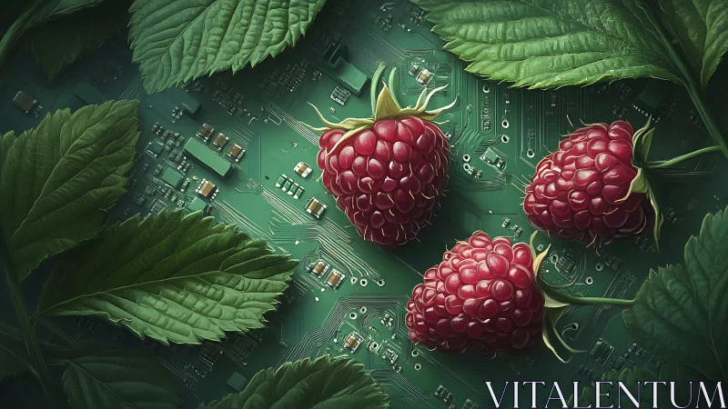 Raspberries reboot the motherboard garden in neon circuitry.