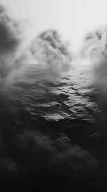 Storm-lashed monochrome seascape under swirling fog banks.