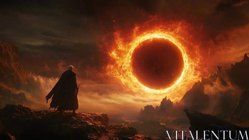 Cloaked figure observing fiery circular vortex over wasteland.