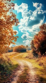Sunlit country path winds through glowing autumn fields