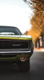 Sunlit classic muscle car poised on a quiet autumn road.