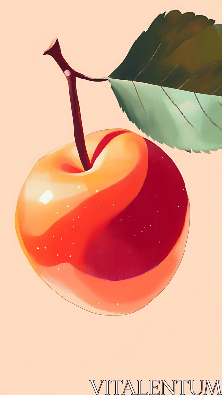 Digital illustration of single red cherry with leaf detail.