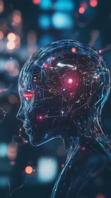 Translucent android profile reveals luminous neural core