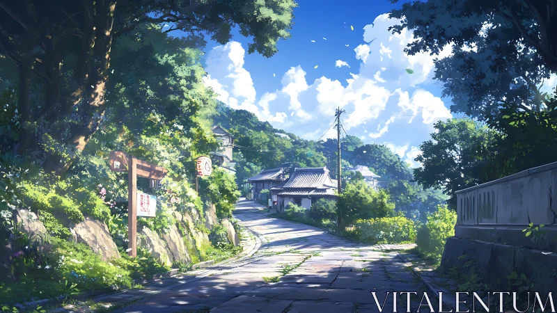 Sunlit rural road curves uphill through dense green foliage