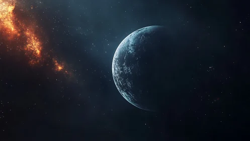 Distant icy planet with bright nebula in deep space field.