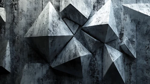 Geometric concrete polyhedra project from a textured wall