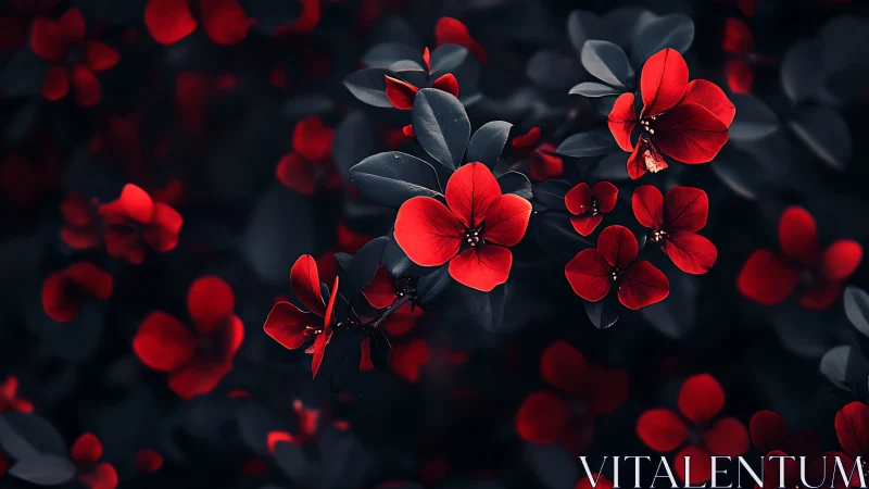 Vibrant red flowers bloom against dark foliage.