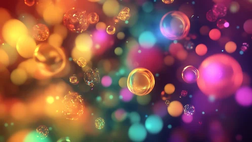 Glowing bubbles drift through a dreamy rainbow galaxy of light