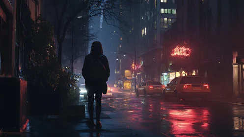 Solitary pedestrian on wet neon city street at night.