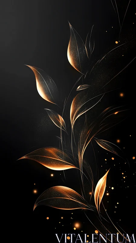 Luminous metallic leaves curve over black field with particle glow