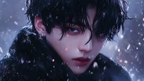 Brooding youth gazes through snowfall in moody close-up.