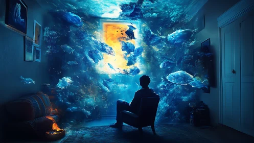 Underwater portal floods dim room with luminous digital fish swarm