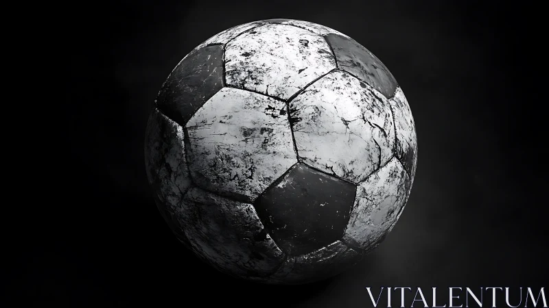 Weathered monochrome soccer ball rendered in dramatic studio light