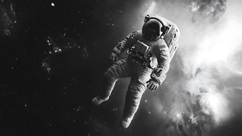 Solo astronaut drifts gently through a quiet starry cosmos.