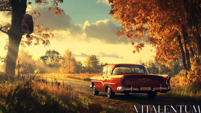 Vintage red sedan illuminated by cinematic autumn backlight