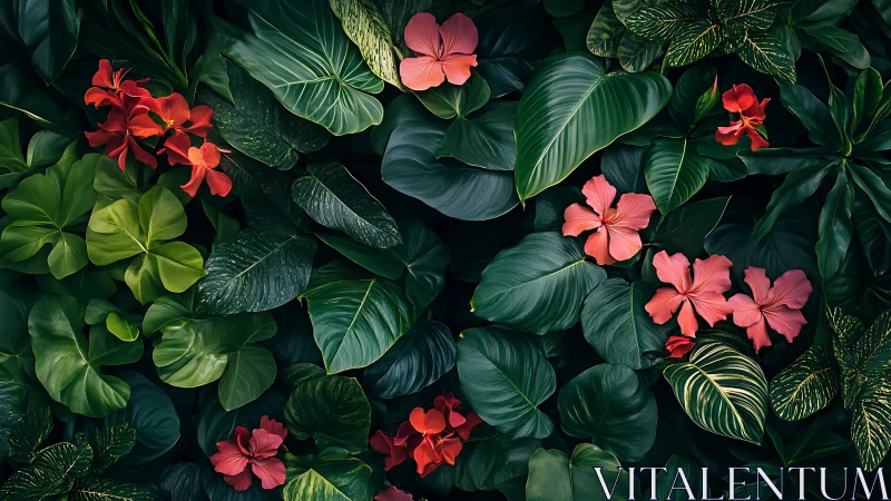 Emerald jungle canopy with coral blooms whispering quiet magic.