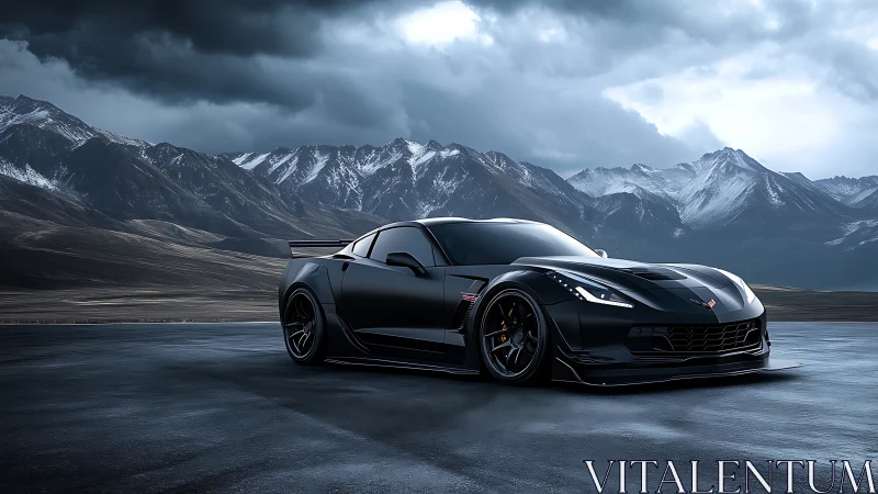 Black sports car sits on wet asphalt before snowcapped mountains