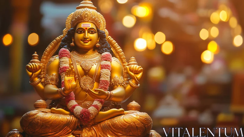 Radiant golden Hindu deity statue glows in warm temple light