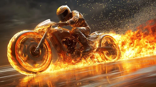 Flaming cyber rider cutting through stormy nightscape.