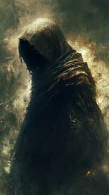 Shrouded wraith in ember-lit mist, cloaked in quiet dread.