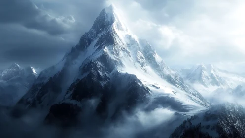 Snow-covered mountain peak in cold, dramatic light.