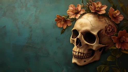 Gentle skull and blooming flowers on soft teal backdrop.