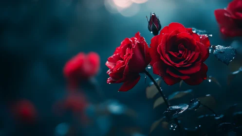 Wet red roses macro detail with bokeh depth of field background effect