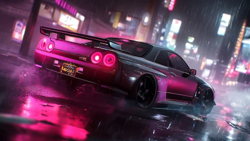 Cyberpunk drift coupe in neon-soaked rainy streetscape at night.
