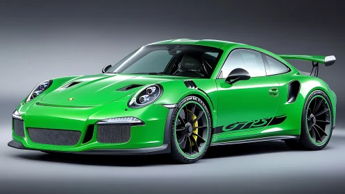 Bright green sports coupe stands under neutral studio lighting