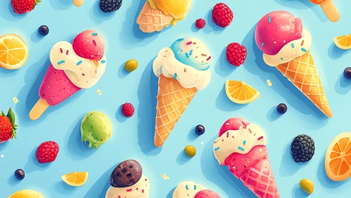 Colorful ice cream cones scatter over bright blue backdrop.