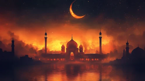 Fiery crescent moon over silhouetted mosque skyline at dusk.