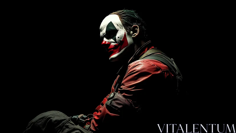 Portrait of seated clown in red jacket under low key light.