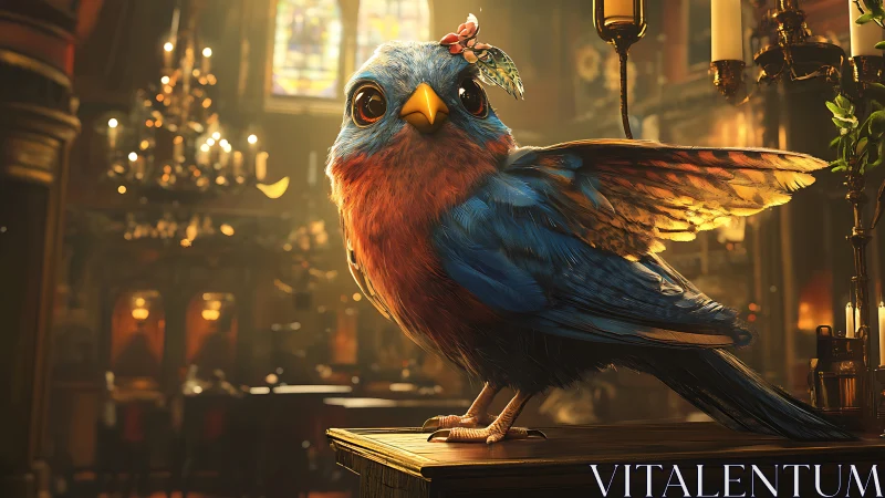 Whimsical bluebird with a hat in a cozy vintage tavern scene.