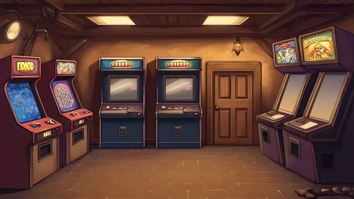 Row of retro arcade cabinets in a small wooden room.