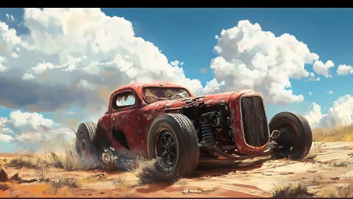 Rusty hot rod racing across sunlit desert plain.