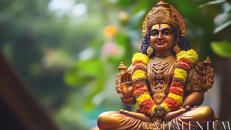 Radiant deity statue crowned with flowers and gentle light.