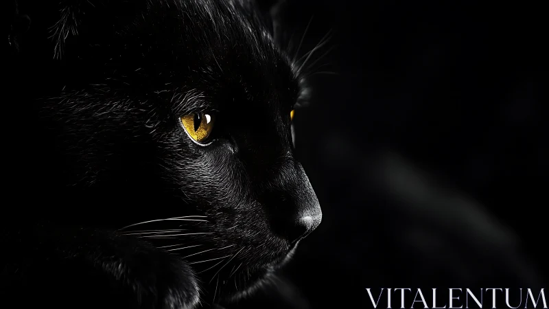 Black cat profile with sharp yellow eye in deep shadow
