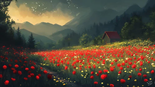 Crimson wildflower sea embracing a quiet mountain refuge.