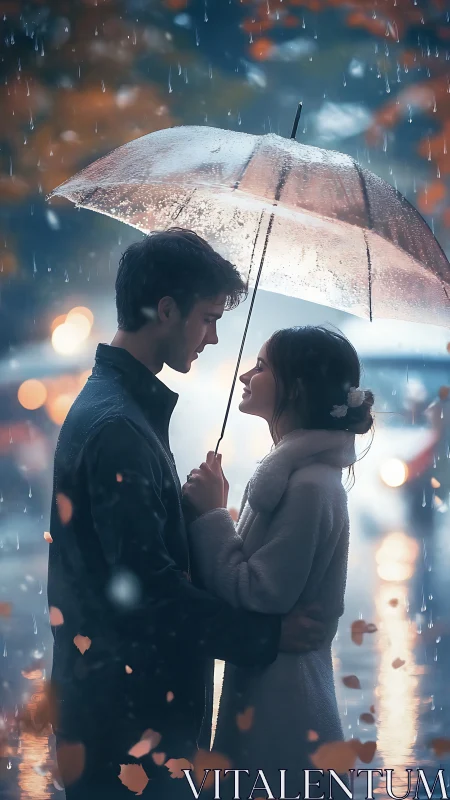 Couple under translucent umbrella in rain with bokeh backdrop.