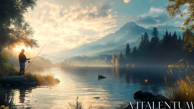 Sunrise lets a lone angler borrow the mountain’s quiet glow