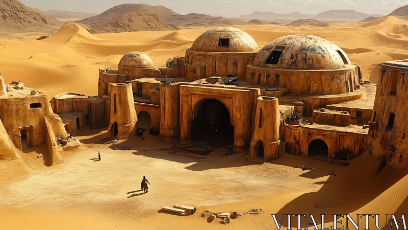 Desert outpost complex with domed sandstone structures.